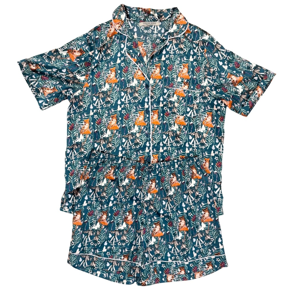 Their Nibs Pajama Set Womens M Teal Fox Owl Satin Short Sleeve Shorts‎ E